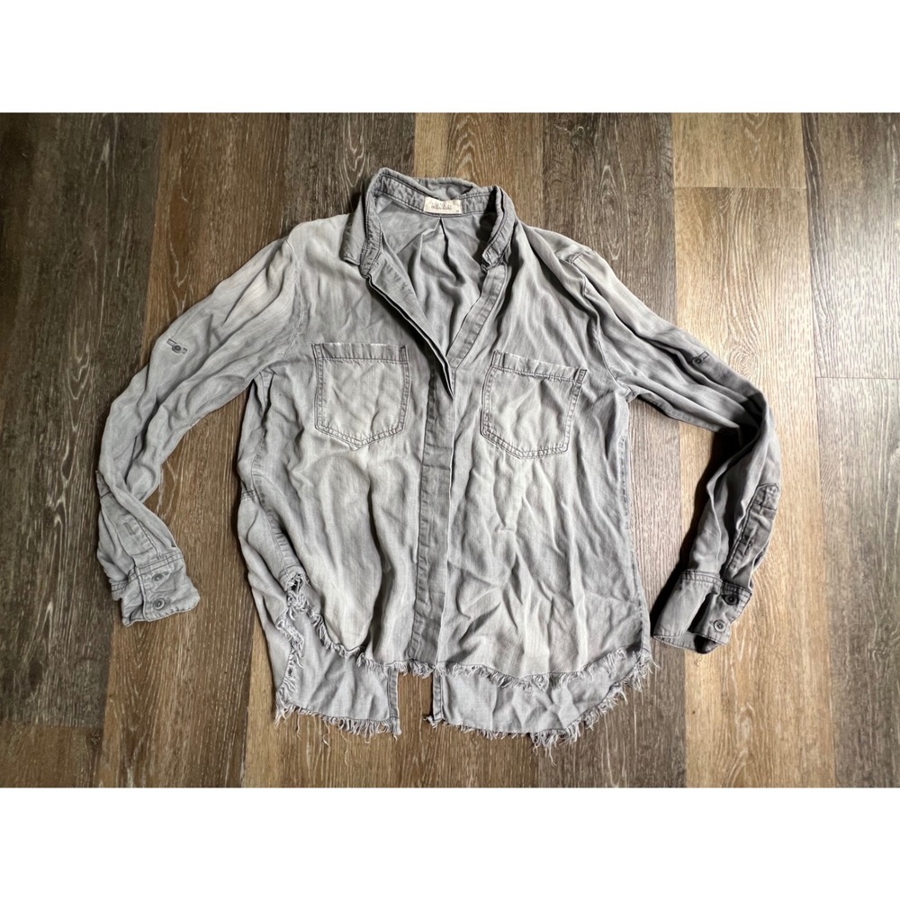 Bella Dahl Button Down Shirt Womens Medium Gray Frayed Hem Back Long Sleeve